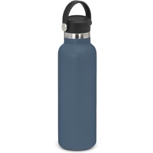 A drink bottle in a deep blue matte finish with a carrying lid and a metal accent. Features a logo on the side.