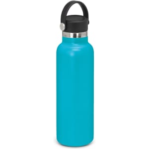 A drink bottle in bright turquoise with a black carry lid and a stainless steel band. It features a logo.
