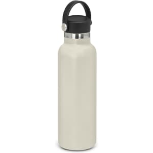 A drink bottle in a cream colour with a stainless steel base and a black carry lid. Features a logo.