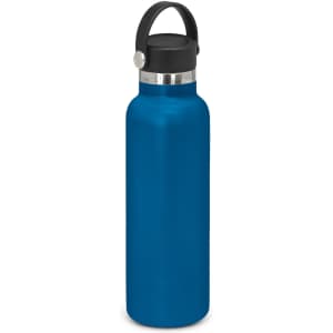 A drink bottle in a vibrant blue colour with a black carry lid and a stainless steel trim.