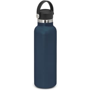 A drink bottle in dark blue with a silver metal neck and a black carry lid, featuring a handle.