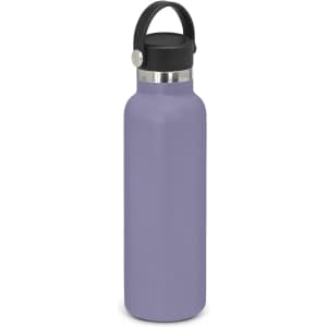 A drink bottle in a soft purple shade with a black carry lid and a metallic finish at the top.