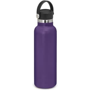 A drink bottle in a rich purple hue with a black carry lid and metallic accents. It features a branded logo.