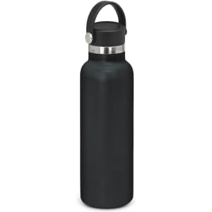 A drink bottle in matte black with a stainless steel band and a carry lid. It features a logo on the bottle.