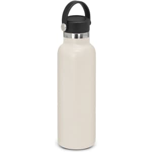 A drink bottle in cream colour with a black carry lid and a metallic band. It features a logo.