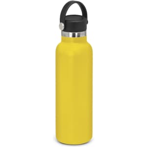 A drink bottle in bright yellow with a black carry lid and a stainless steel trim, featuring a logo.