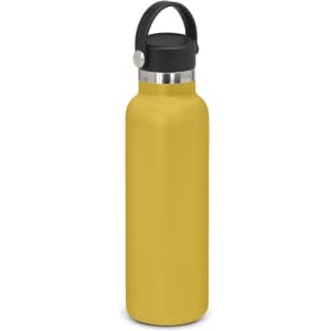 A drink bottle in a vibrant yellow colour with a black carry lid and stainless steel accents.