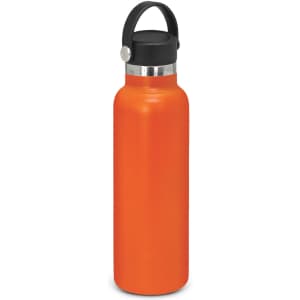 A drink bottle in vibrant orange with a black carry lid and a sleek stainless steel section. It features a logo.