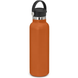 A drink bottle in vibrant orange with a black carry lid and a sleek design. It features a logo branding.