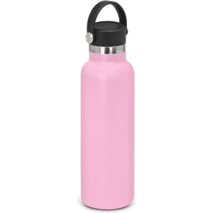 A drink bottle in a matte pink finish with a black carry lid and a silver accent. Features a logo.