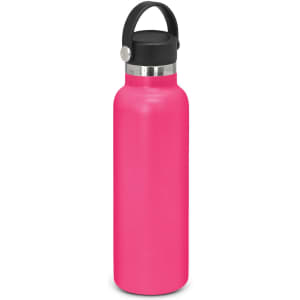 A drink bottle in vibrant pink with a black carry lid and a metallic band near the top. It features a logo.