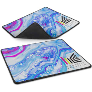 A mouse mat featuring a vibrant blue and pink abstract design with a logo on one side.