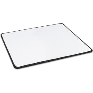 A large, rectangular mouse mat with a smooth white surface and a black border. It features a logo in one corner.
