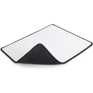 A deluxe mouse mat featuring a black border and a smooth, white surface. It has a logo in one corner.