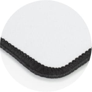 A gaming mat with a white surface and black stitched edges, featuring a textured finish.