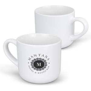 A white coffee mug with a rounded shape and a handle, featuring a logo on one side.