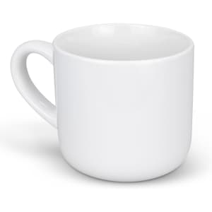 A white coffee mug with a round shape and a single handle. It has a smooth finish and includes a logo.