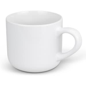 A white coffee mug with a rounded shape and a handle. It has a smooth, glossy finish and features a logo.