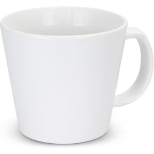 A coffee mug in a sleek, white design with a curved shape and a sturdy handle. It features a logo.
