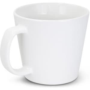 A white coffee mug with a curved design and a handle, featuring a smooth ceramic finish.