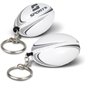 A rugby ball key ring with a white and grey design, featuring a silver keychain attachment.