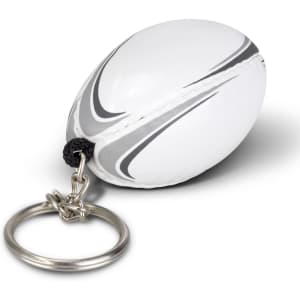 A rugby ball-shaped key ring in white with grey detailing, attached to a metal keyring. Features a logo.