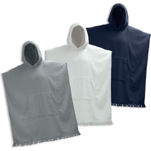 Three hooded towels in grey, white, and navy blue with a front pocket and fringed edges. Each towel features a hood.