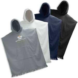 A hooded towel in four colours: grey, white, navy, and black, featuring a front pocket and a logo.