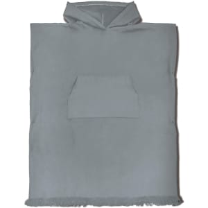 A grey hooded towel with a front pocket and fringed edges, featuring a logo.