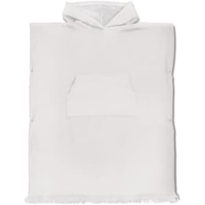 A hooded towel in white with a front pocket and fringe detailing, featuring a logo.