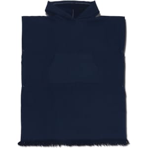 A navy hooded towel featuring a front pocket and fringed edges, with a logo on the fabric.
