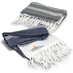 Two throw blankets featuring a geometric pattern, one in navy blue with white, and the other in grey with white fringes.