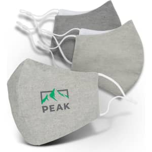 A collection of three linen face masks in shades of grey, featuring adjustable ear loops and a logo on one mask.