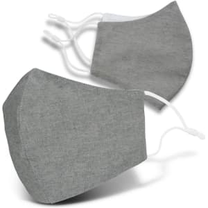 A grey linen face mask display with two masks shown, featuring adjustable ear straps and a subtle texture.