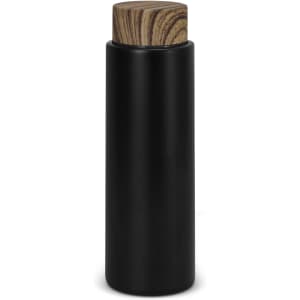 A drink bottle in sleek black with a wooden patterned lid. It features a simple, modern design and a logo.