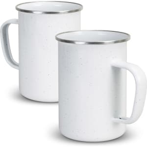 A drink mug set in white with a speckled design and metallic rim, featuring a sturdy handle.
