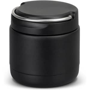 A drink bottle in sleek black, featuring a stainless steel lid and a smooth matte finish, with a logo.