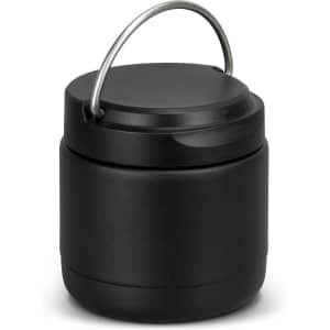 A drink bottle in matte black with a metal handle, featuring a sleek, rounded design and a logo.
