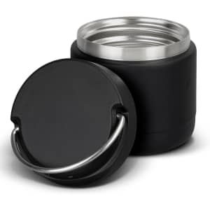 A drink bottle in matte black with a removable lid and a metal handle, featuring a stainless steel interior.