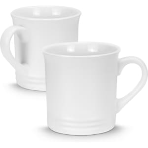 Two white ceramic coffee mugs with rounded edges and handles, featuring a smooth finish and a simple design.