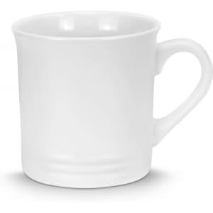 A white coffee mug with a curved handle and a smooth finish, featuring a subtle raised band around the base.