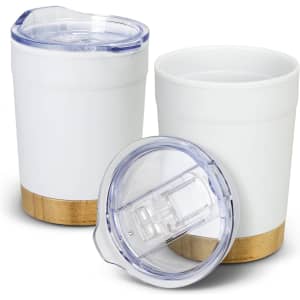 A double wall cup with a white body, wooden base, and a clear lid, featuring two cups in the image.