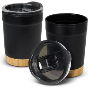 A double wall cup with a black body, a clear lid, and a textured gold base, featuring a logo.