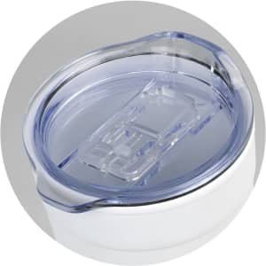 A double wall cup in white with a clear lid, featuring an integrated drinking spout and a brand logo.