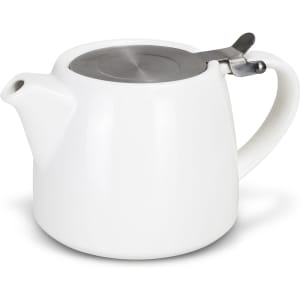 A white teapot with a stainless steel lid and spout. It has a sleek, modern design and includes a handle.