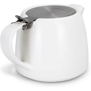 A white teapot with a stainless steel lid and a sleek handle, designed for serving tea.