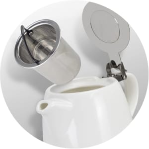 A white Chai teapot with a stainless steel infuser and a lid, all displayed against a circular background.