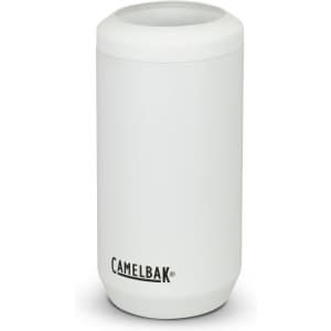 A drink bottle in white with a rounded design and a logo, featuring a 500ml capacity for can cooling.
