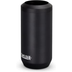 A drink bottle in matte black with a rounded base and a lid, featuring a branding logo.