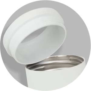 A drink bottle in white with a stainless steel interior and a removable lid, featuring a small logo.